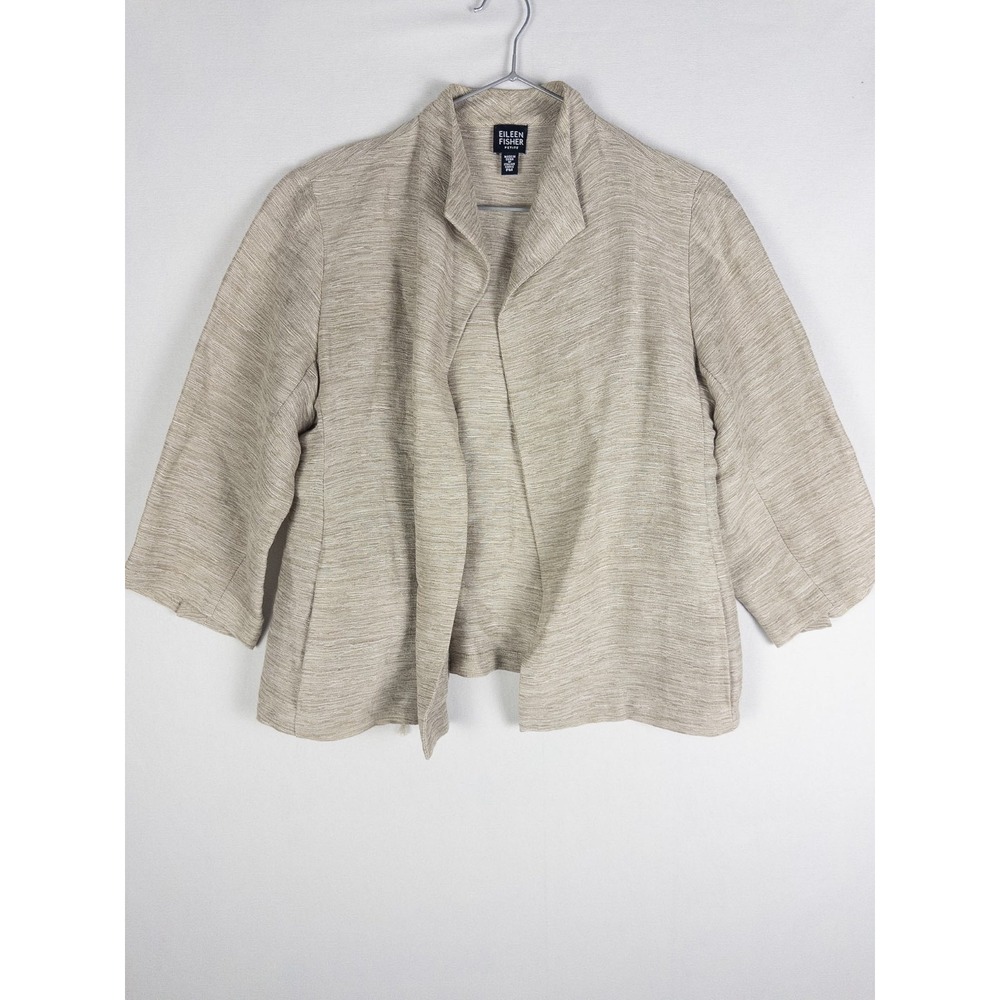 Eileen Fisher Petite PM Beige Linen Cotton Open Front Jacket Italian Fabric